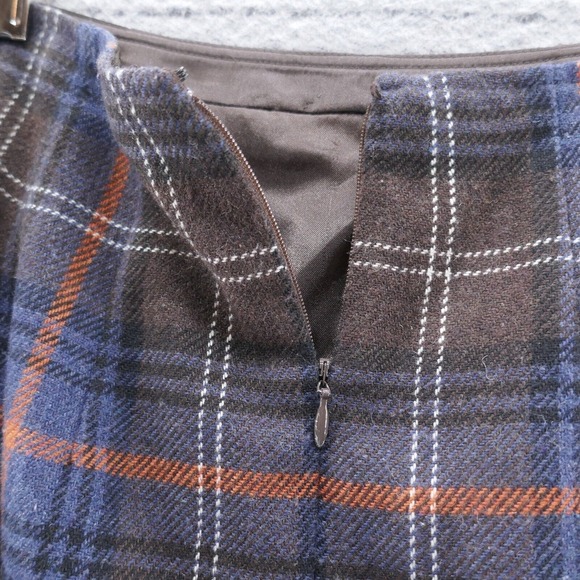 Cabi Womens Wool Blend Pencil Skirt 2 Blue Brown Tartan Plaid Pleated Ruffle Hem - Picture 5 of 13